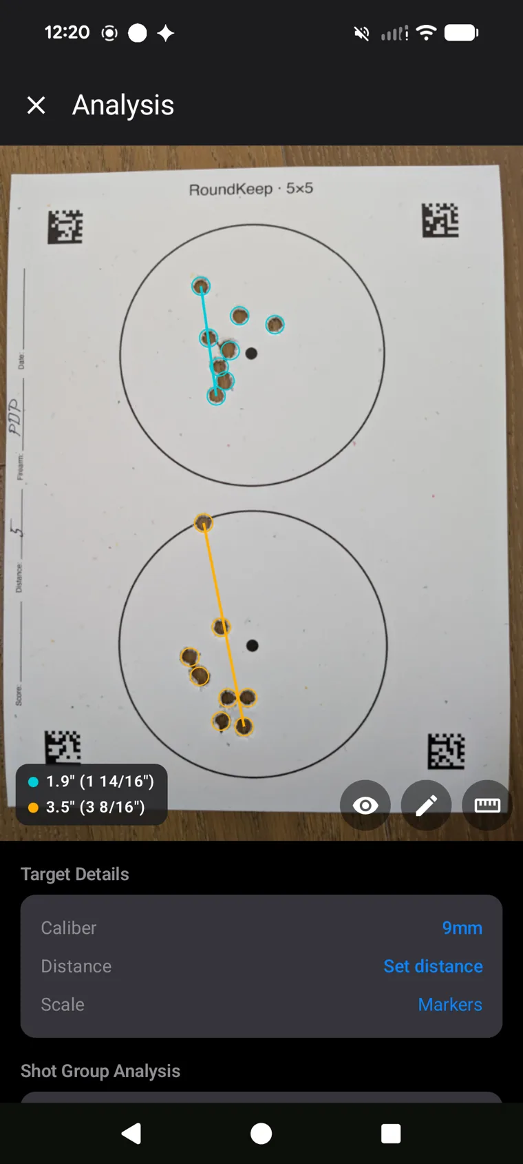 RoundKeep measuring two groups on a printed 5×5 drill target — 1.9 inch and 3.5 inch