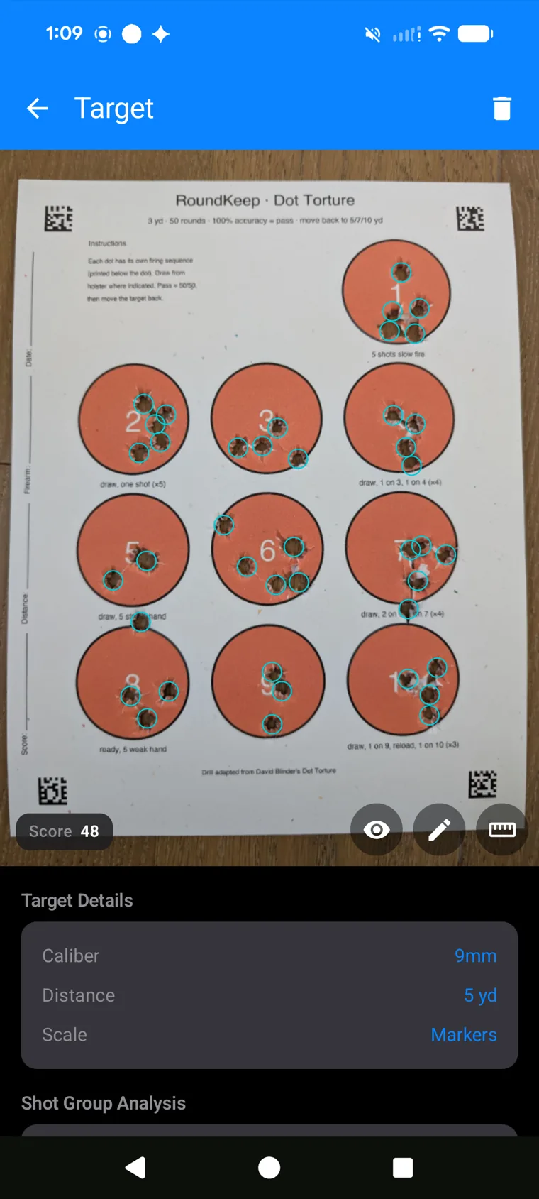 RoundKeep scoring a printed Dot Torture target — 48 of 50 hits detected