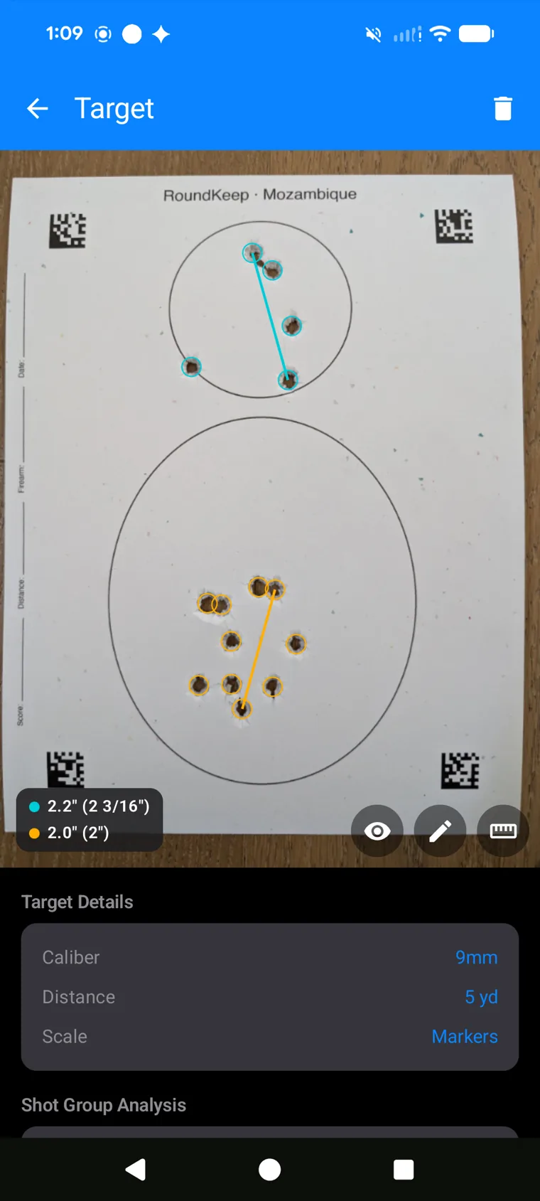 RoundKeep measuring head and body groups on a printed Mozambique target — 2.2 inch and 2.0 inch