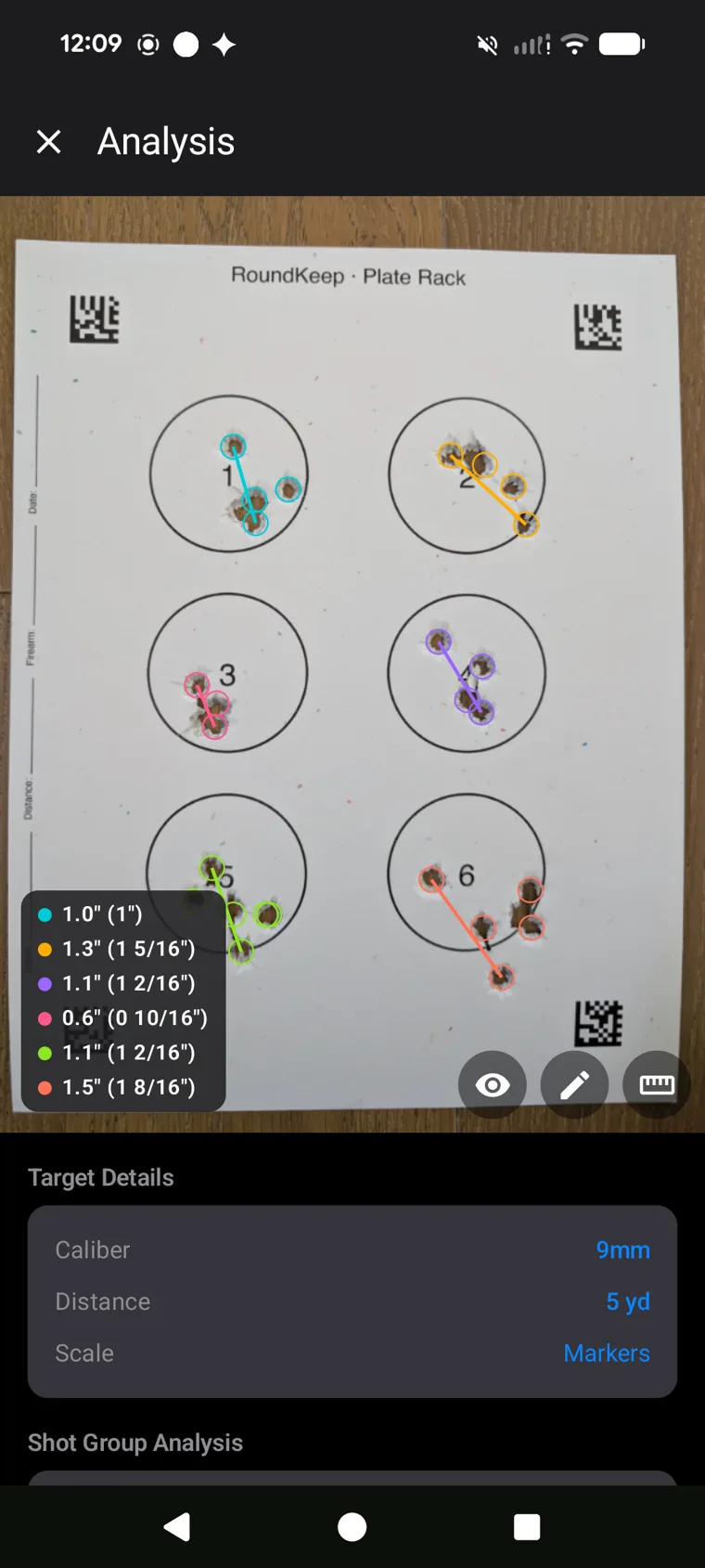 RoundKeep Zero measuring six separate shot groups on a printed Plate Rack target, one per plate