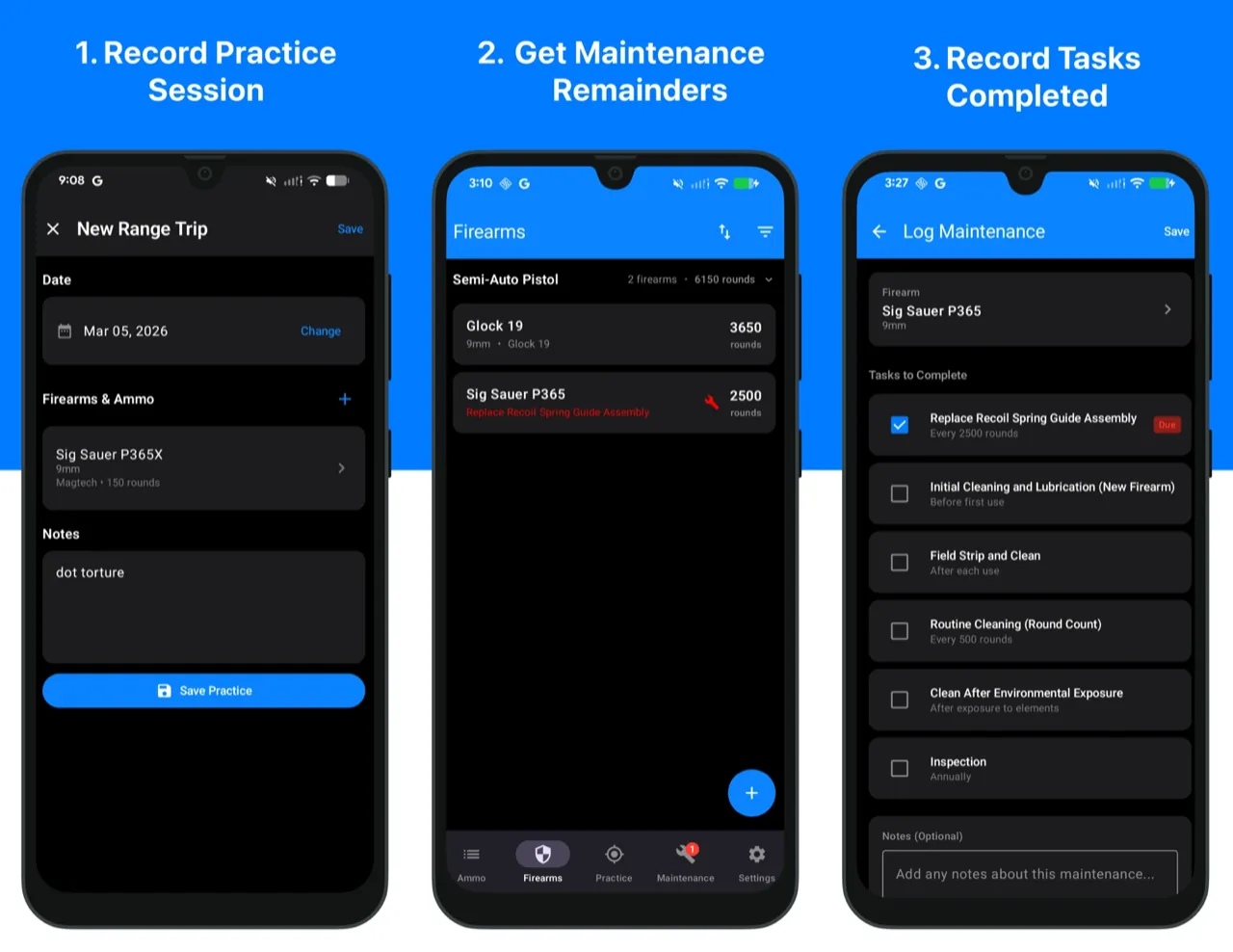 RoundKeep flow: record a practice session, get maintenance reminders on the firearms screen, and log completed tasks.