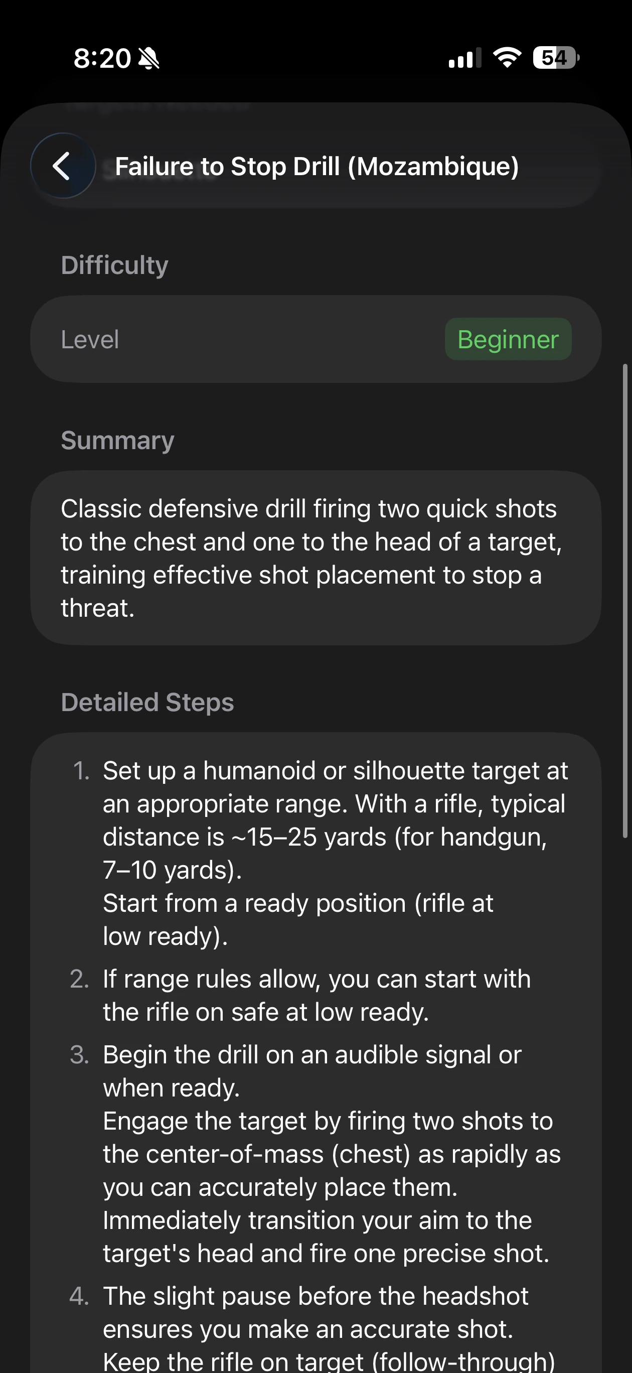Drill detail — scoring guide, target setup, and gear, ready to read at the line