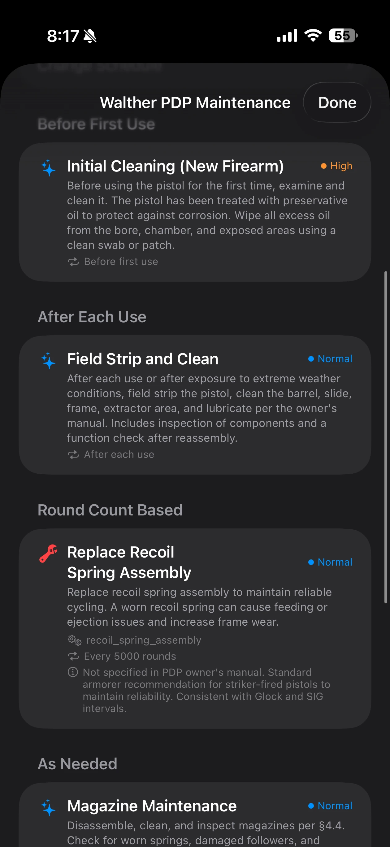 A round-count-based task — Replace Recoil Spring Assembly every 5,000 rounds, with the rationale spelled out