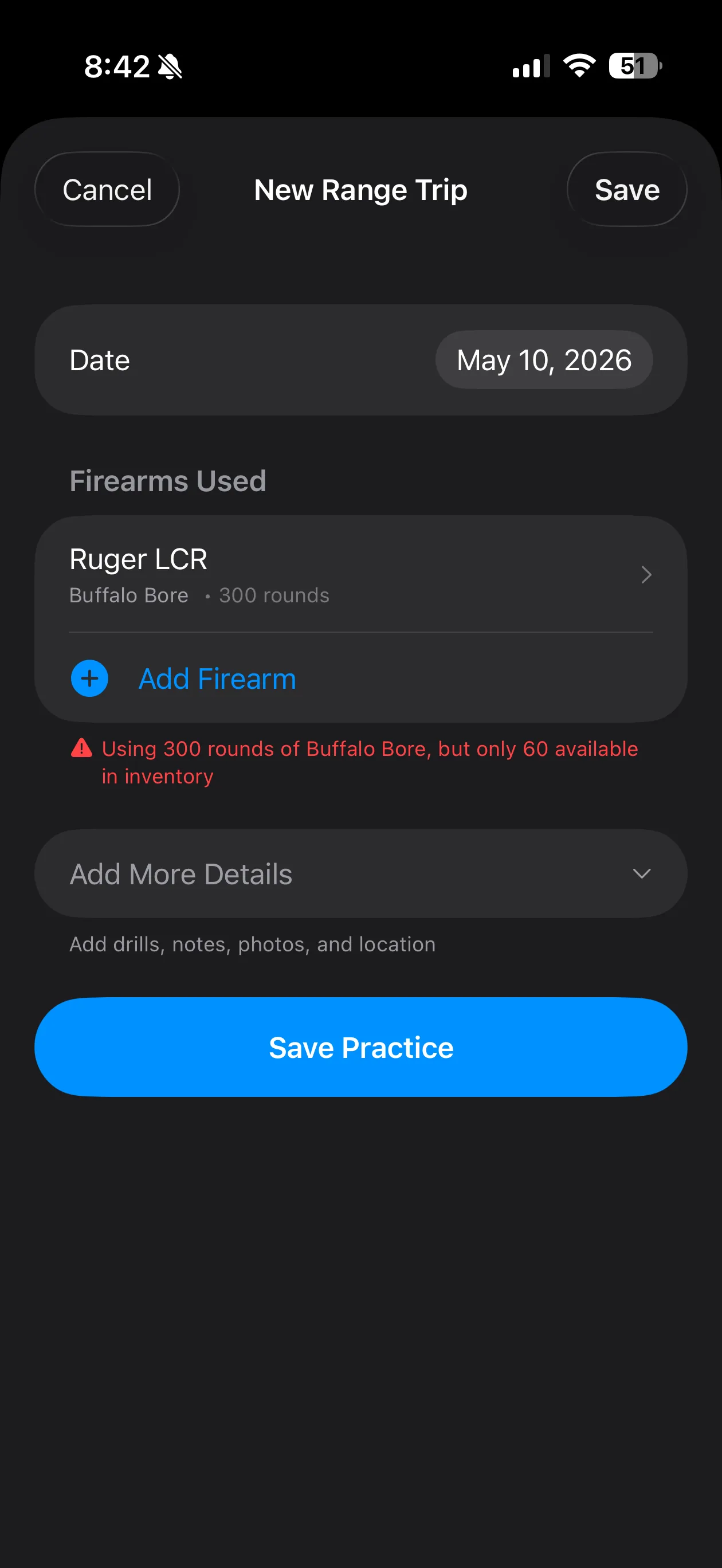 The inventory check flags 300 rounds of Buffalo Bore when only 60 are on hand