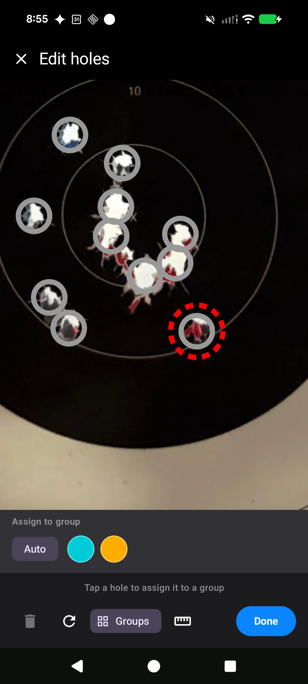 RoundKeep Zero edit mode — add, move, delete, and assign detected holes to groups by hand