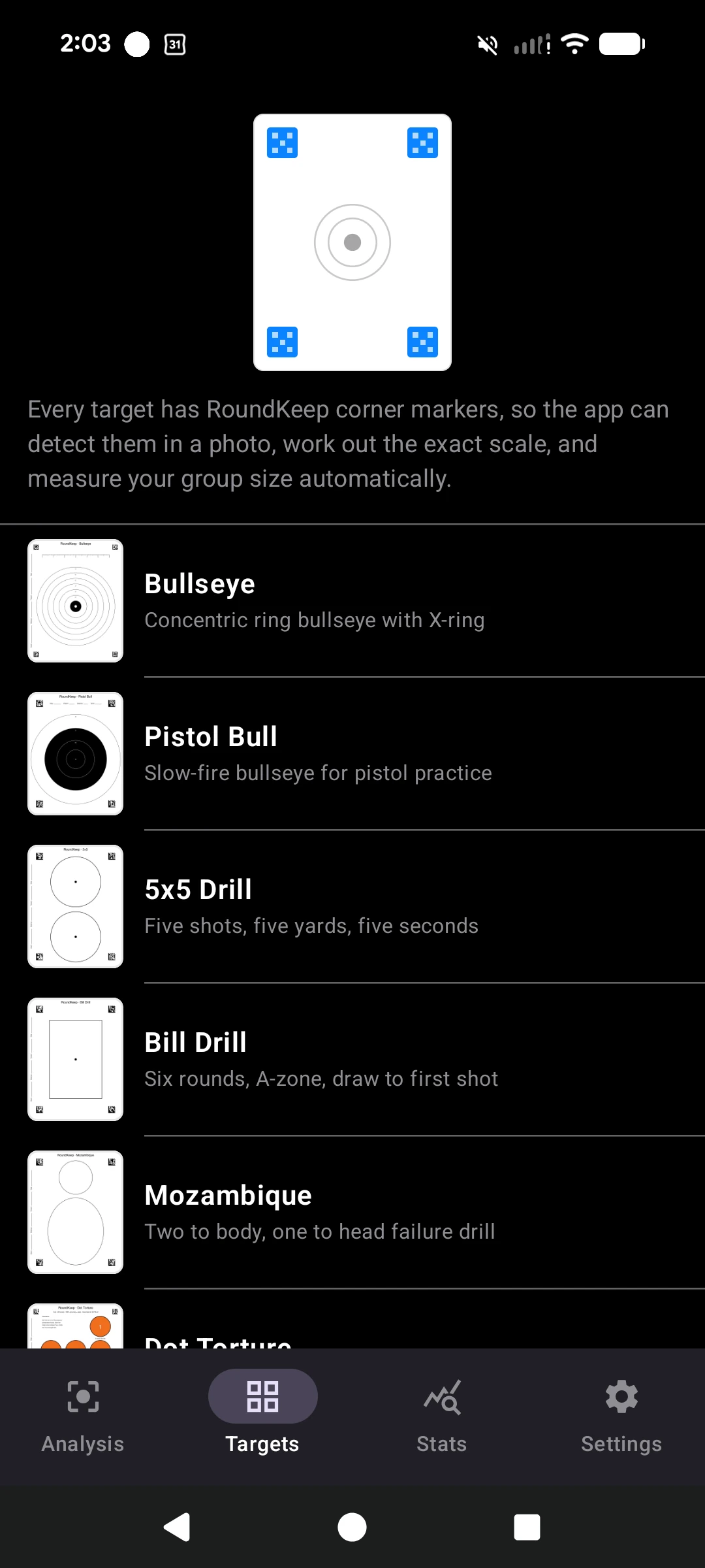 RoundKeep Zero target library — drills and bullseyes, each with corner markers